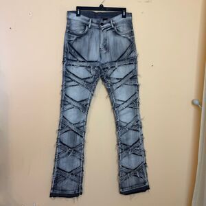 30x37 Legendary Status Men's Denim Jeans Thrashed Distressed stacked scrunch